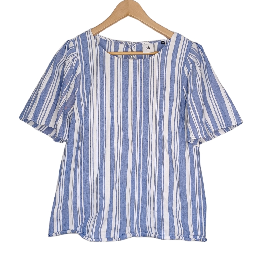 CAbi Blue and White Striped Short Sleeve Blouse